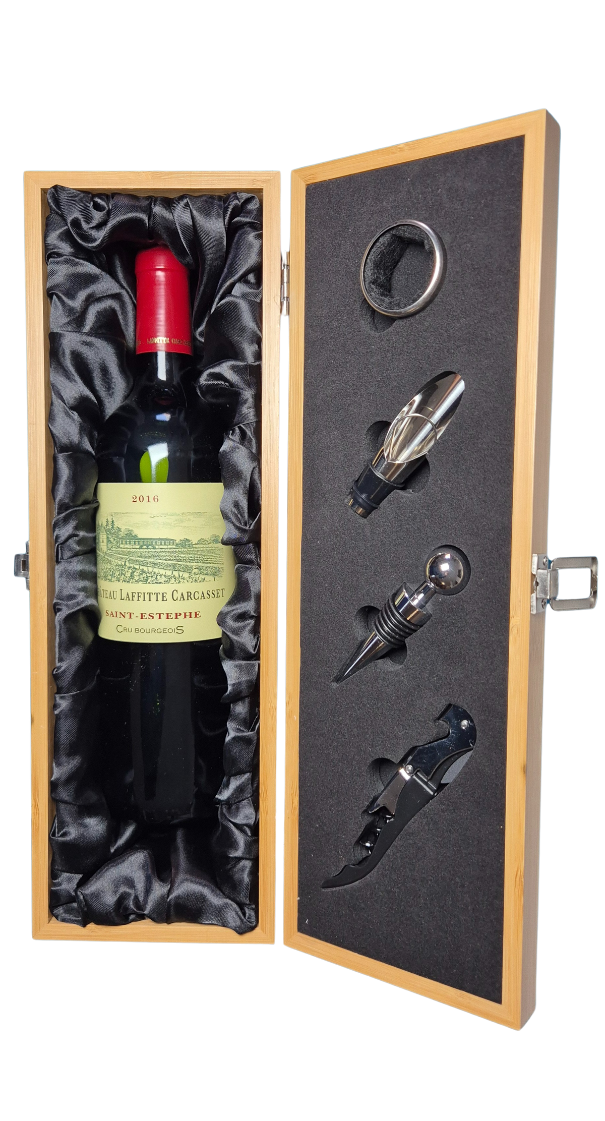 Boîte à vin personnalisable en bois avec accessoires – Coffret cadeau vin gravé (tire-bouchon, bec verseur, bouchon, découpe-capsule) – Idée cadeau homme anniversaire, fête des pères, départ