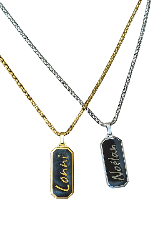Collier homme personnalisable – pendentif octogonal noir en acier inox 316L – gravure sur mesure – chaîne maille box – Finition Or ou Argent – Idée cadeau