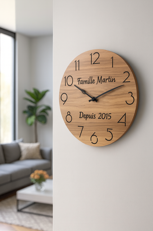 Horloge Murale Bois Personnalisée 30 cm – Message Gravé au-dessus et au-dessous des Aiguilles – Cadeau Unique Famille, Mariage, Anniversaire, Déco Maison