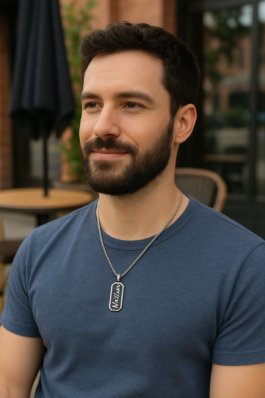 Collier homme personnalisable – pendentif octogonal noir en acier inox 316L – gravure sur mesure – chaîne maille box – Finition Or ou Argent – Idée cadeau
